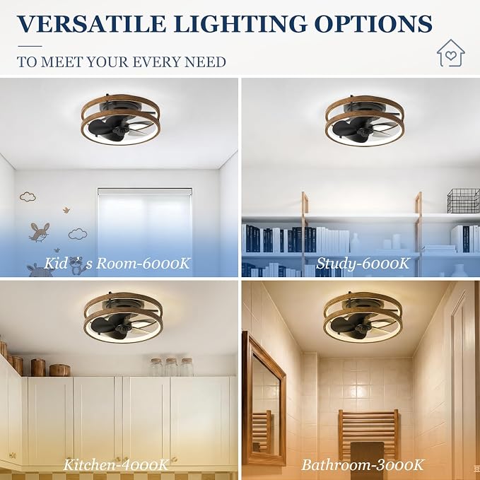 13 Inch Small Ceiling Fan with Light and Remote, Low Profile Flush Mount Fandelier, Dimmable 3CCT Quiet LED Ceiling Fans for Bedroom, Wooden Black
