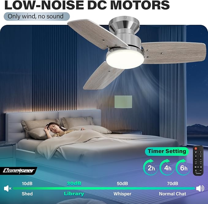 42 Inch Ceiling Fans with Lights and Remote, Bedroom Living Room Office, Flush Mount, 6CCT Dimmable, Dual Color 3 Blades 6 Speed Reversible Quiet DC Motor, Chrome-Plated/Wood Grain, 2 Pack