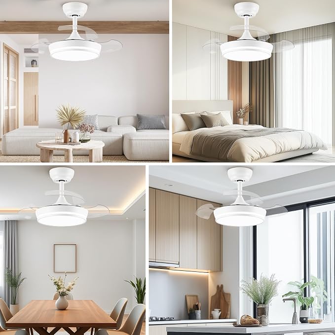 STERREN 30" Retractable Ceiling Fans with Lights, Dimmable LED Ceiling Fan Remote Control, Modern Small Fan Light for Bedroom Living Room Dinning Room Kitchen, 3000K-6500K, 6 Speed (White)