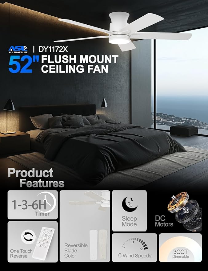 Ceiling Fans with Lights 52 Inch, Flush Mount, Remote Control, 3CCT Dimmable, 6 Speeds, Quiet Reversible DC Motor, Low Profile Hugger White Ceiling Fan for Bedroom, Living Room, Indoor/Outdoor, ETL