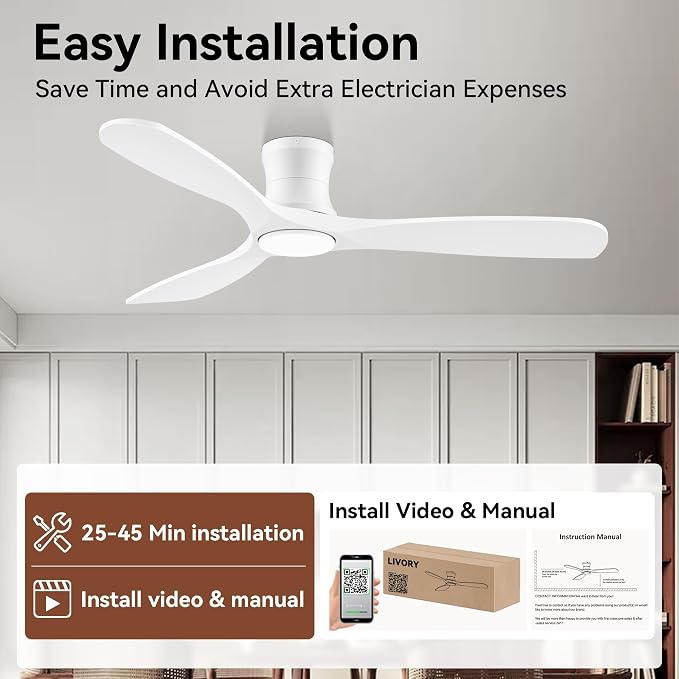 Livory 52” Wood Smart Flush Mount Ceiling Fans with Lights and Remote,Quiet DC Motor,Outdoor Indoor Ultra Low Profile Ceiling Fan works with Alexa WIFI APP,Modern White Ceiling Fan for Bedroom Patio