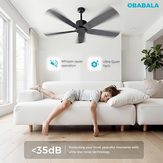 Obabala 52 Inch Ceiling Fan No Light, Modern Black Ceiling Fan Without Light with Remote & APP, Quiet Reversible DC Motor, 6-Speeds, for Living Room, Bedroom, Patio