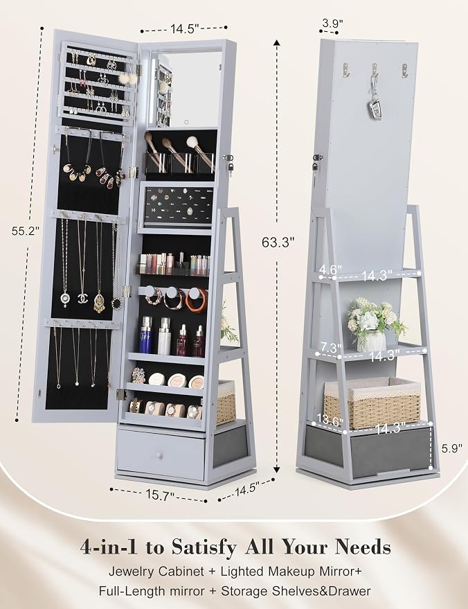 Nicetree 360° Swivel Jewelry Cabinet with Lights, Mirror Jewelry Cabinet Standing, Interior Vanity Mirror, Rotatable Full Length Mirror with Jewelry Storage, Standing Jewelry Armoire Organizer, Grey