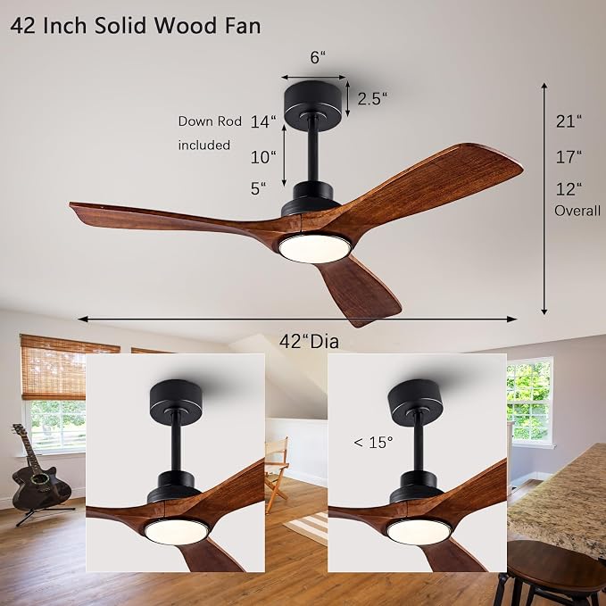 QUTWOB 42" Wood Ceiling Fan with Light, Reversible DC Motor, Remote Control | solid wood blades, quiet 6-speed reversible dc motor, remote control, 3-color dimmable led, for indoor outdoor patio bedroom