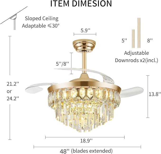 FIDGRA 48 Inch Fandelier Ceiling Fan with Light, Retractable Ceiling Fan with Lights Chandelier Fan for Bedroom, Living Room, 3 Color Temperature, 6 Wind Speed-Gold