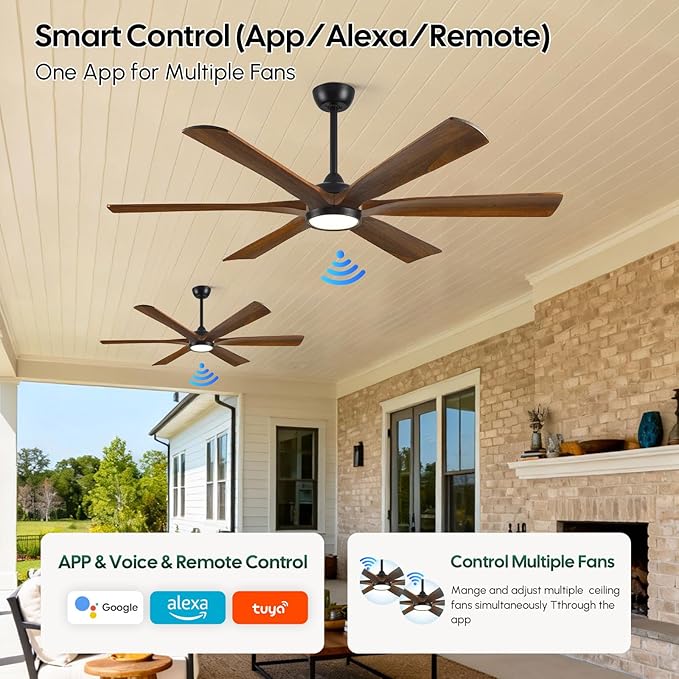 60 Inch Outdoor Ceiling Fan with Light, Damp Rated for Patio, Smart Alexa/App/Remote Control, 6 Walnut Solid Wood Blades, High 8268 CFM Quiet DC Motor, Modern Farmhouse Style for Indoor Exterior Porch