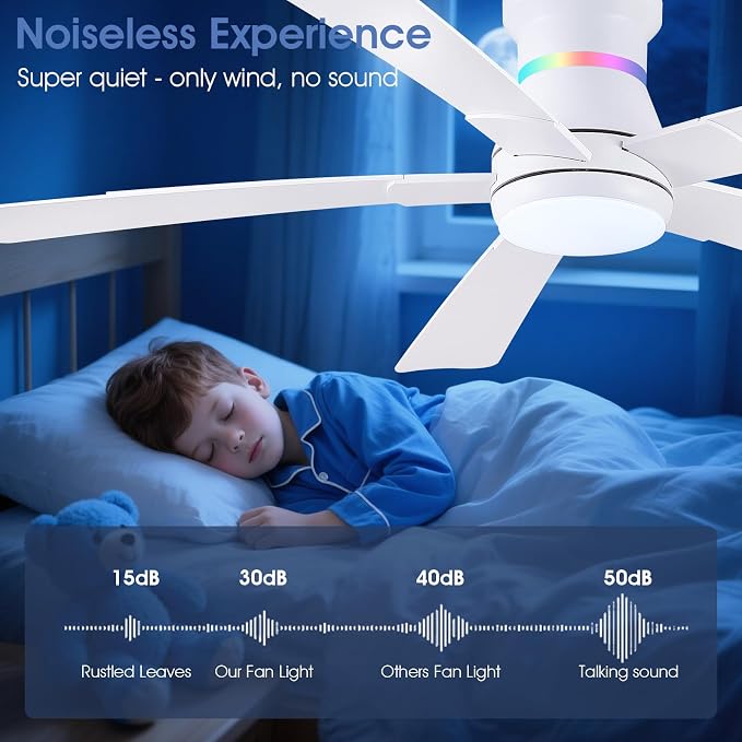 Surtime 52" White Ceiling Fans with RGB Lights - Flush Mount Ceiling Fan Light with LED 3CCT Dimmable, Modern Low Profile Ceiling Fans for Indoor Party,Covered Outdoor