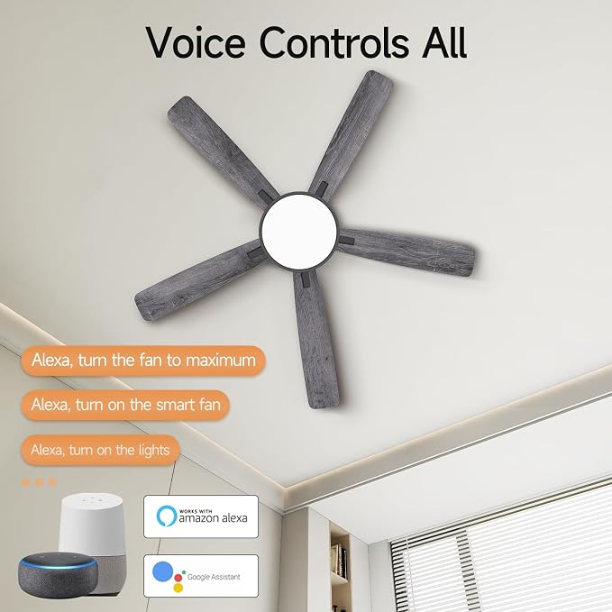 Ceiling Fans With Lights,52 Inch Smart Ceiling Fan, Remote/App Control, Compatible with Alexa/Google Assistant,Reversible,Dimmable,Adjustable Color Temperature,6 Speeds,Timer(Gray)