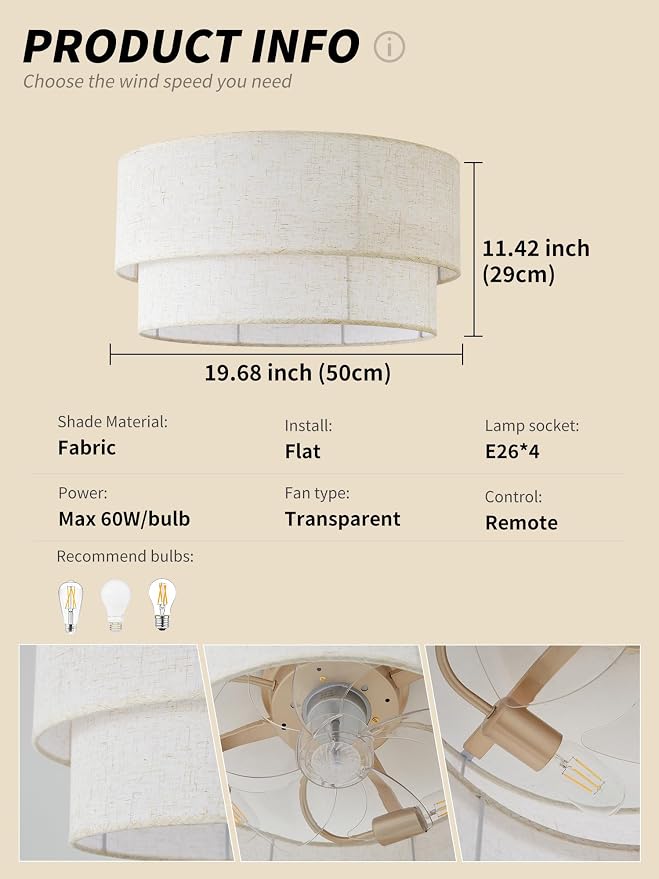 SYDACG Ceiling Fan with Lights Flush Mount, 20" Low Profile Boho Ceiling Fan with Light Remote Control, Bladeless Rattan 6 Speeds for Bedroom, Living Room, Nursery