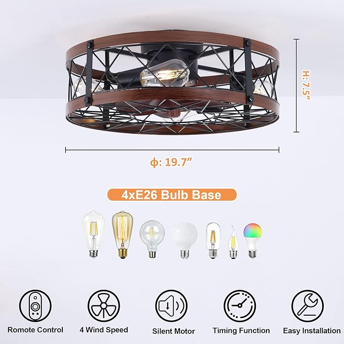 REDSTAR Flush Mount Caged Ceiling Fan with Lights, 20" Small Bladeless Ceiling Fans with Remote, Rustic Low Profile Ceiling Fans Quiet Reversible Enclosed Farmhouse Ceiling Fan for Bedroom Kitchen