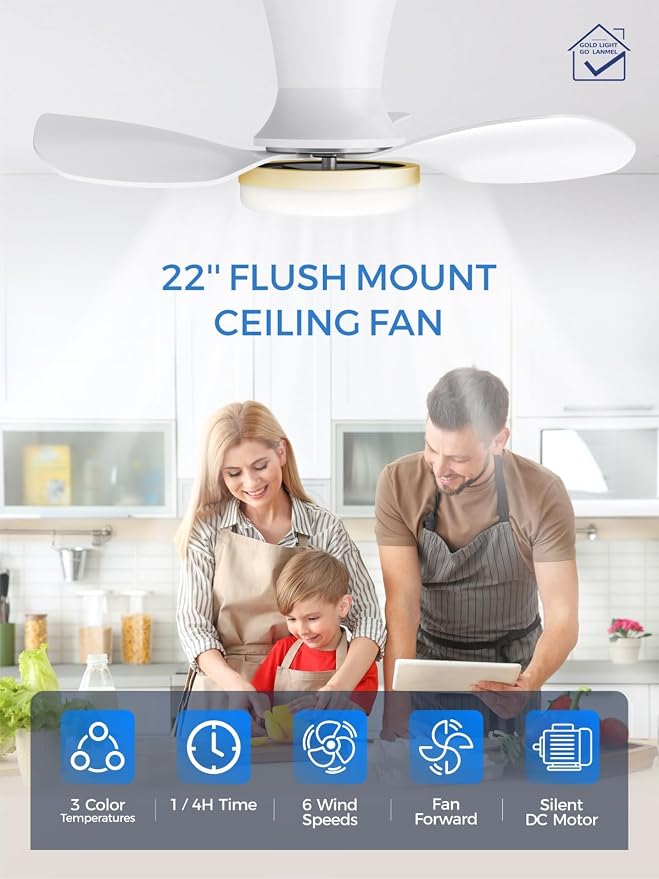 LANMEL 22 Inch Flush Mount Ceiling Fan with Light and Remote, Low Profile Modern Ceiling Fan, 6 Speed, Reversible, 3000k-6500k Dimmable LED, Quiet DC Motor for Indoor Outdoor, White Gold