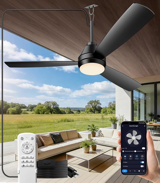 52 inch plug-in ceiling fan light with 16.5ft cord,Gazebo fan light dimmable 3CCT LED,Reversible,Portable Hook Design for bedroom garage tent porch kitchen patio.