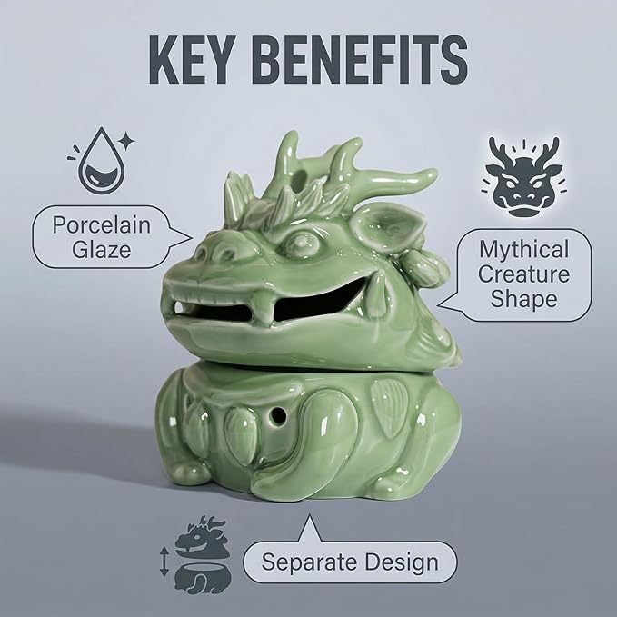 Mini Ceramic Incense Burner - Chinese Classic Plum Green Celadon Glaze, Fragrance Cone & Stick Holder Palo Santo/Sage/Herb Burner for Meditation, Yoga, Desk Decor, Zen Relaxation Gift (Dragon-A)