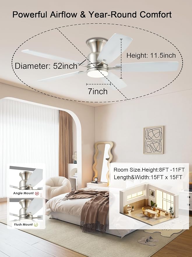 KNUN 52 Inch Ceiling Fans with Lights,Flush Mount Ceiling Fan with Remote/APP Control, 3CCT Dimmable, Double-Sided Blades, Reversible Motor, Low Profile Ceiling Fans for Living Room Bedroom(Nickel)