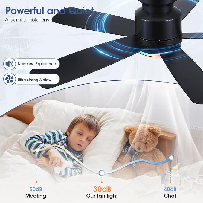Wiviniya 46 Inch Black Flush Mount Ceiling Fans with Lights, 5 Blades Reversible, 6-Speed 2H Timer, RGB & 3 CCT Dimmable, Remote & APP Control for Bedroom Kidsroom