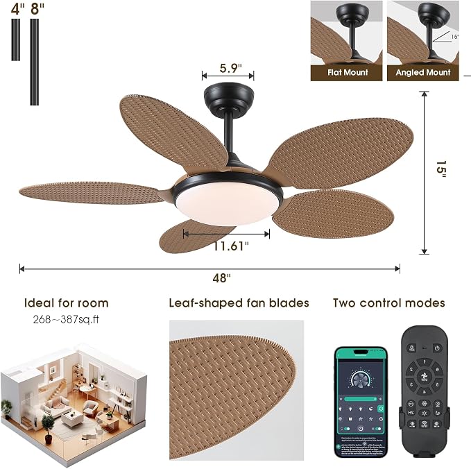 48"Tropical Style Palm Leaf Ceiling Fans with LED Lights and Remote & APP | Supports Remote and APP, 6 Wind Speeds, Reversible, Dimmable 3CCT LED, 35W Quiet DC Motor,Suits for Bedroom Kitchen