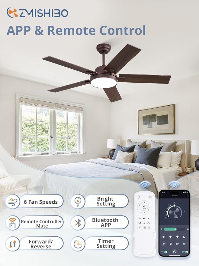 ZMISHIBO 52" Ceiling Fans with Lights, Smart Remote/APP Control, Farmhouse Ceiling Fan with 6 Speeds & 3CCT, Dimmable 30W LED, Quiet DC Motor, Noiseless for Living Room, Bedroom, Kitchen, Oil Bronze