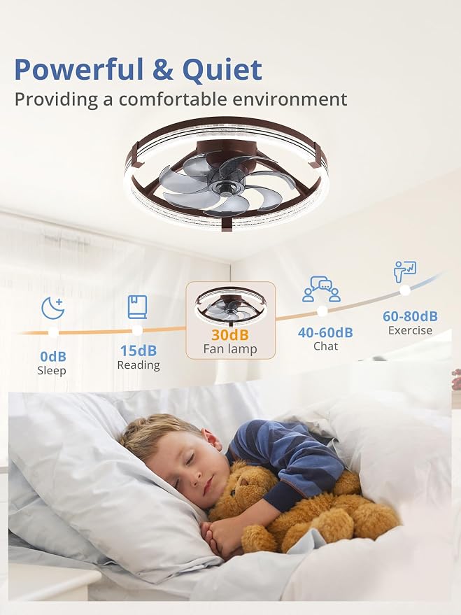 ZMISHIBO Low Profile Ceiling Fans with Lights, Flush Mount Modern Ceiling Fan and Remote Control, 20" LED Ceiling Fans, Stepless Dimmable 3 Colors and 6 Speeds (Brown, 20")