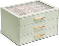 VLANDO Jewelry Box for Women, Glass Lid Jewelry Organizer with 3 Drawers for Necklaces Rings Earrings Bracelets - Sage Green