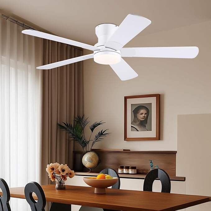 Ayaoty 52" White Ceiling Fans with Lights and Remote/APP - Flush Mount Low Profile Ceiling Fan with 5 Reversible Dual-Sided Blades, Dimmable, 1/2/4H Timer, Modern Indoor Fan Light for Kitchen, Bedroom