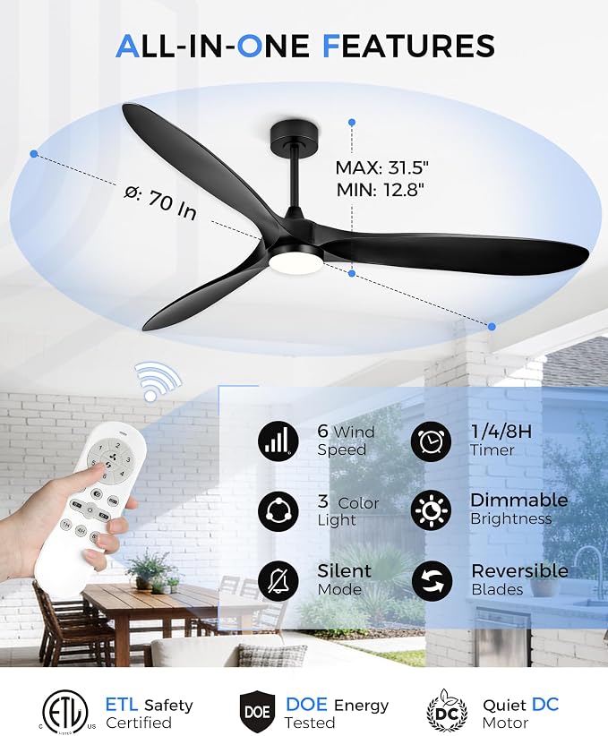 JAZAVA 70'' Coastal Grade Ceiling Fan with Light and Remote, Corrosion Resistant Indoor Outdoor Fan, Quiet DC Motor, 3CCT Dimmable LED, 3-Blade Fan for Living Room, Great Room, Patio, ZCCF08BK-70