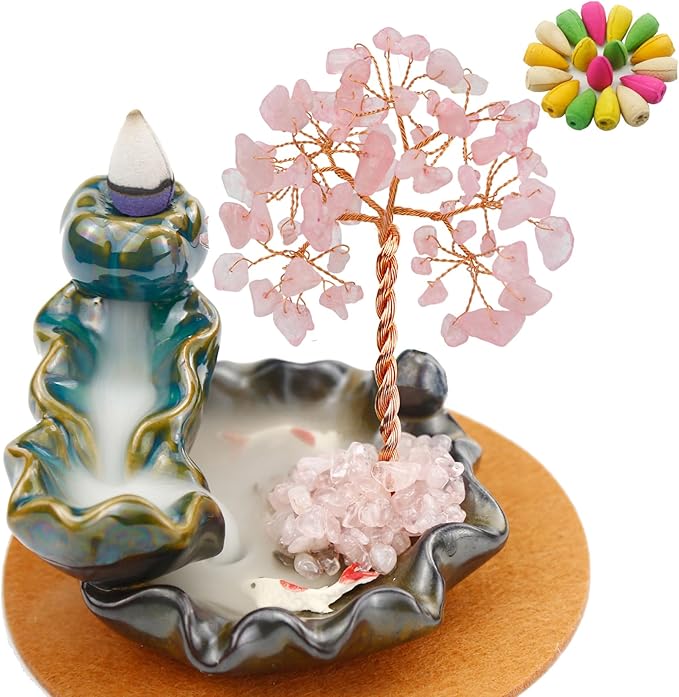 Dreamgirnh Backflow Incense Holder, Waterfall Incense Burner, Gemstone Money Tree Home Living Room Decorations Office Accessories for Women, Mothers Day Mom Gifts (Rose Quartz)
