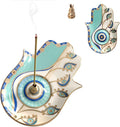 Ceramic Hamsa Hand Incense Holder - 2 in 1 Brass Incense Holder for Sticks and Coil Incense- Zen Decor with Hand of Fatima Design Protection from Evil - 6.2" L X 4.5" W (Blue)
