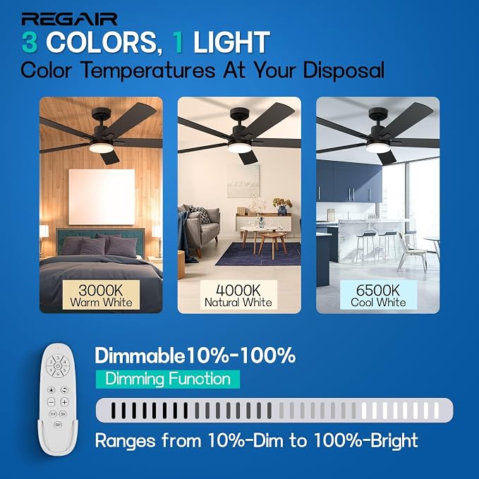Ceiling Fan With Light 52-Inch, Remote Control Reversible DC Motors, 3CCT Dimmable Timer Noiseless, Nickel Ceiling Fan for Bedroom Living Room, Indoor&Outdoor ETL Listed