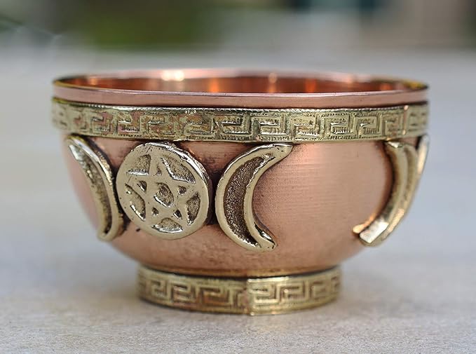 DharmaObjects Copper Offering Bowl Incense Burner Holder (3 Inches, Triple Moon Pentacle)