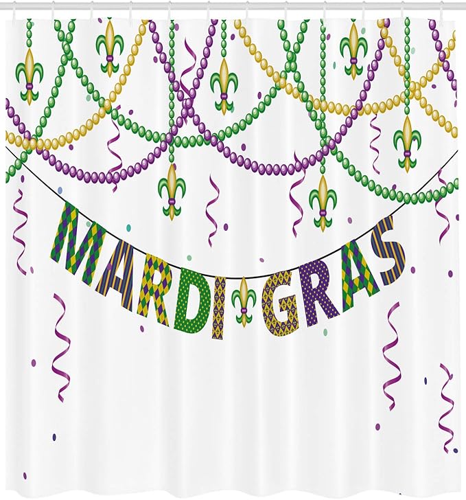 Ambesonne Mardi Gras Shower Curtain, Design with Fleur De Lis Hanging from Colorful Beads, Cloth Fabric Bathroom Decor Set with Hooks, 69" W x 70" L, Purple Green Yellow