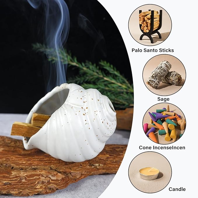 MOUGIGI Ceramic Conch Palo Santo Burner Holder - Mini Chiminea Incense Chimney, for Smudging Sage/Cones、Perfect for Meditation Altar & Witchcraft Supplies, Ideal Spiritual Decor & Gift for Zen Spaces
