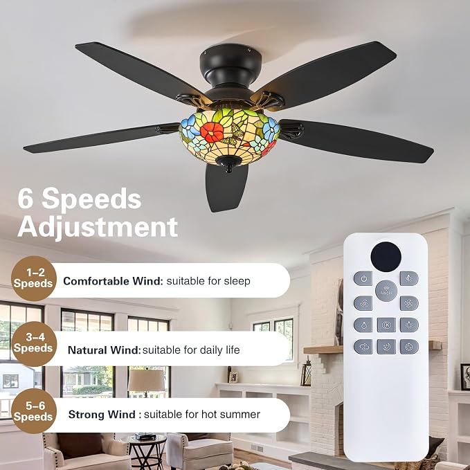 Tiffany Ceiling Fans with Lights - 52" Ceiling Fan Chandelier with 5 Dual-Blades and Glass Shade, 6 Speeds and Reversible, Indoor and Outdoor, Retro Style