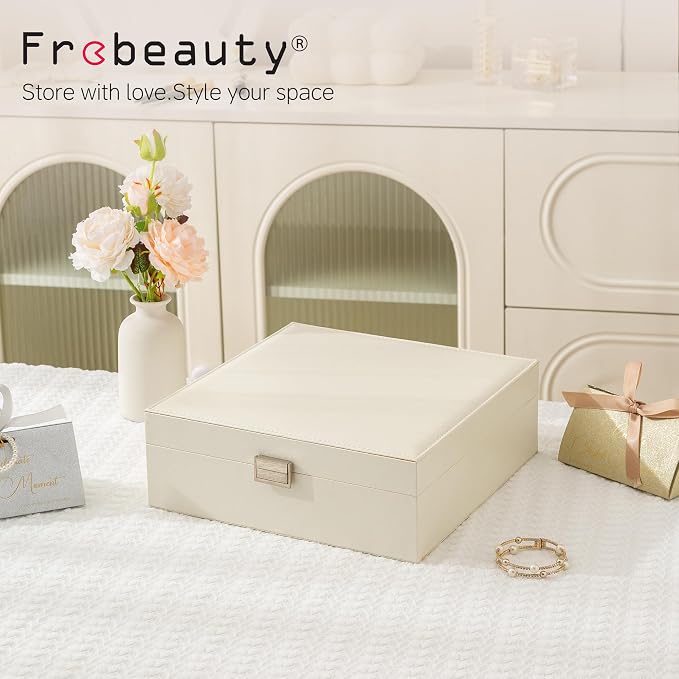 Frebeauty 50 Grid Earring Holder Organizer,2 Layer Jewelry Box for Women | Faux Leather,Velvet Lining,Adjustable Divider,Jewelry Organizer for Ring Necklace and Bracelet,for Home Use and Jewelry Store