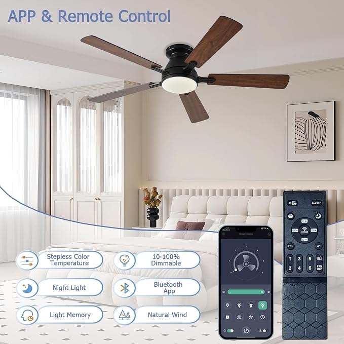 Ayaoty 54 inch Ceiling Fans with Lights and Remote, Low Profile Ceiling Fan with Light, Flush Mount, Reversible, 3CCT, Dimmable, Noiseless, White Ceiling Fan for Bedroom, Indoor/Outdoor Use