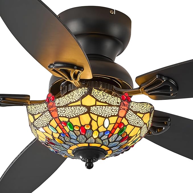 Tiffany Ceiling Fans with Lights - 48" Ceiling Fan Chandelier with 5 Dual-Blades and Glass Shade, 6 Speeds and Reversible, Indoor and Outdoor, Retro Style