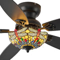Tiffany Ceiling Fans with Lights - 48" Ceiling Fan Chandelier with 5 Dual-Blades and Glass Shade, 6 Speeds and Reversible, Indoor and Outdoor, Retro Style
