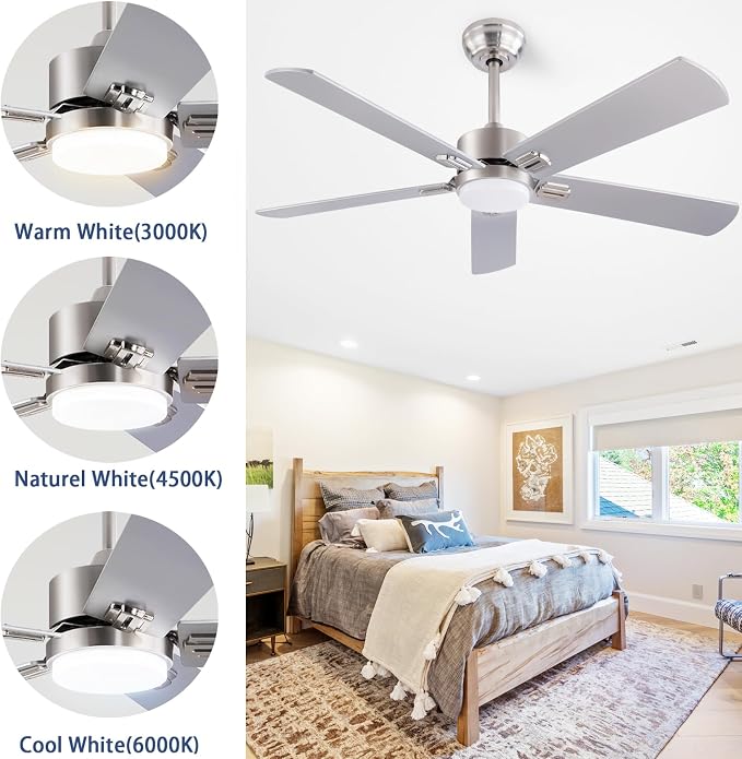 QUTWOB 52" Ceiling Fans with Light and Remote,Farmhouse 5 Blades Quiet Reversible DC Motor Ceiling Fans for Modern Indoor/Outdoor/Patio/Living Room/Bedroom(Silver/burlywood)