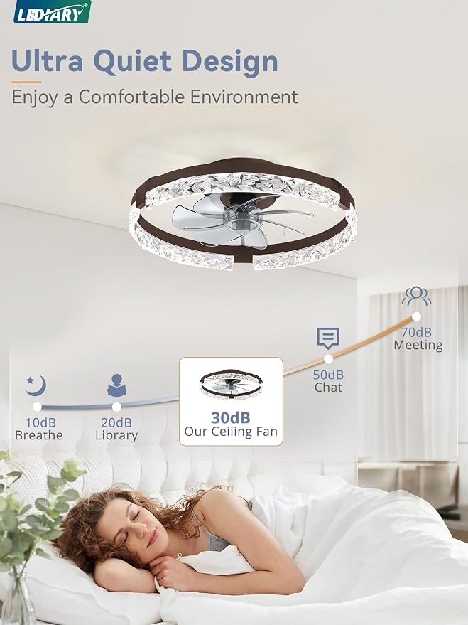 LEDIARY 2 Pack 20 Inch Ceiling Fans with Lights and Remote, Fandelier Modern Low Profile Ceiling Fan, 3000K-6000K Dimmable LED Fan Light, Brown Flush Mount Ceiling Fans with Lights for Bedroom