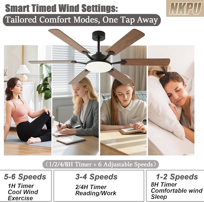 60 Inch Ceiling Fans with Lights, Large Modern Brown Ceiling Fan with Light and Remote Control, 6 Double Sided Blades, 6 Speed Reversible Motor, Dimmable LED, Silent Timing, Indoor Outdoor Patio Use