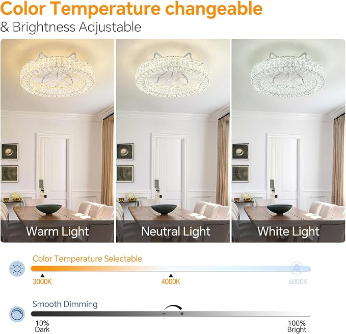 Fandelier Flush Mount Ceiling Fan with Lights and Remote Dimmable Crystal Ceiling Fan Chandelier 6 Wind Speeds 3 Color Bedroom Kids Room Living Room