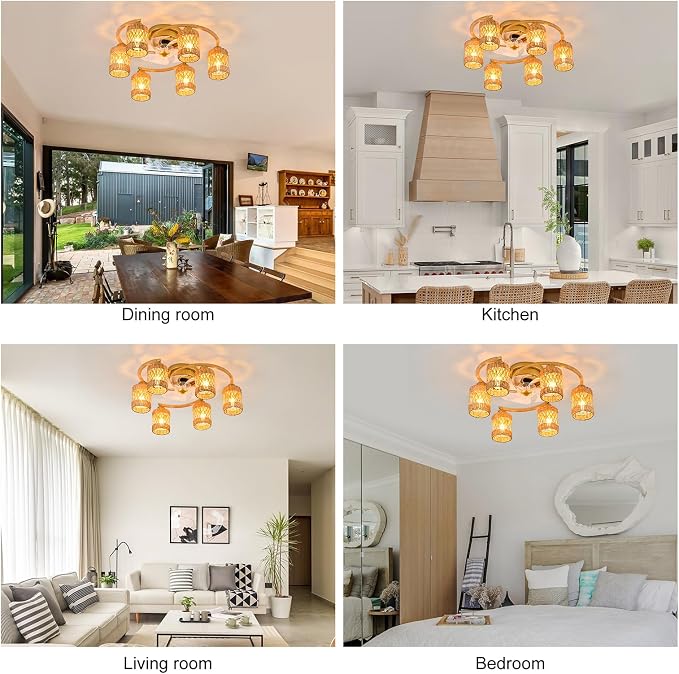 Qcyuui Rattan Boho Ceiling Fan with Light,26.4'' Ceiling Fans with Lights and Remote Low Profile Ceiling Fan with Light with Reversible 6 Speeds for Kitchen Living Room Bedroom,E26 Base (Gold)