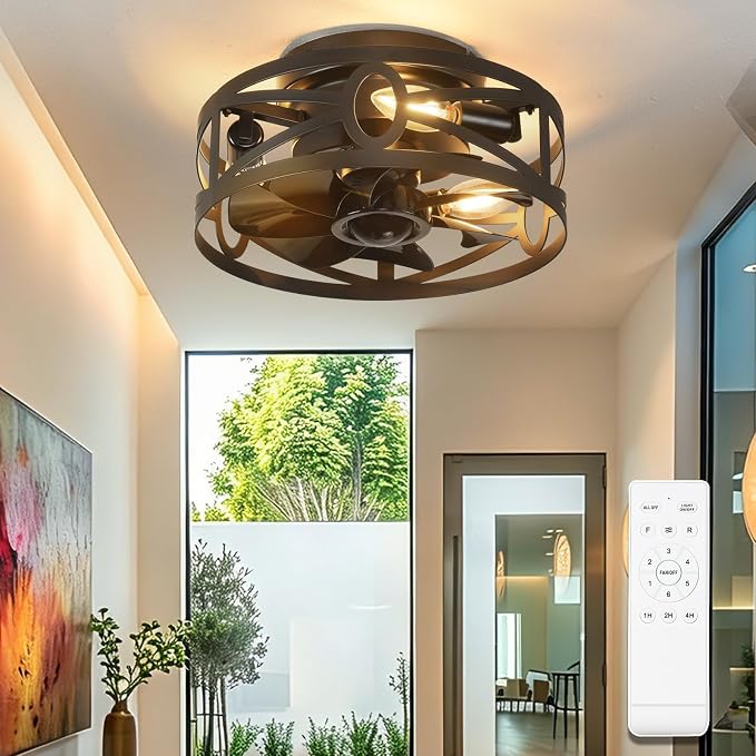 Depuley Flush Mount Ceiling Fan: 12" Caged Ceiling Fans with Remote Control for Patio Kitchen Bedroom - Low Profile Fandelier Lights Fixture Reversible 6 Speed Timer Black 3*E12 Bulb Not Included