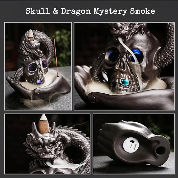 Skull Dragon Incense Burner Holder - Backflow Waterfall Cone Incense Holder, LED Ceramic Unique Skeleton Incense Burner with 15 Incense Cones for Halloween/Aromatherapy/Yoga/Home/Office Deco