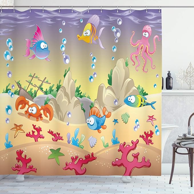 Ambesonne Underwater Shower Curtain, Cartoon Design Funny Sea Animals Fishes Sunken Ship Coral Reef and Bubbles, Cloth Fabric Bathroom Decor Set with Hooks, 69" W x 70" L, Warm Taupe Blue