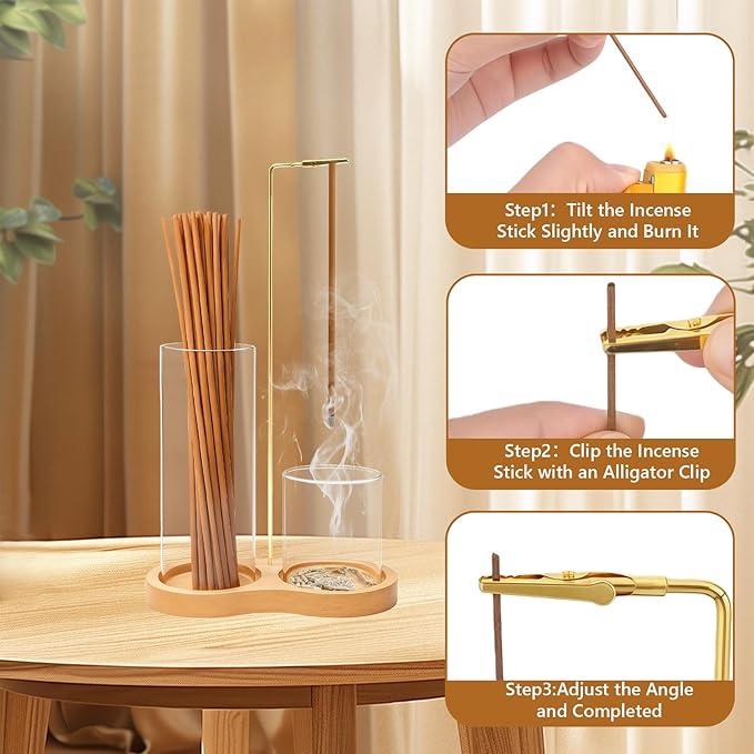 Anti Ash Flying Glass Incense Sticks Holder - 2 in 1 Modern Vertical Incense Burner with Removable Glass Ash Catcher & Wood Base for Spa,Meditation,Yoga,Zen Home Decor