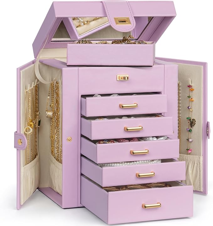AKOZLIN 6-Tier Jewelry Box Organizer Functional 5 Drawers Leather Jewelry Storage Case for Women Girls Ring Necklace Earring Bracelet Holder Organizer with Mirror Light Purple Regular
