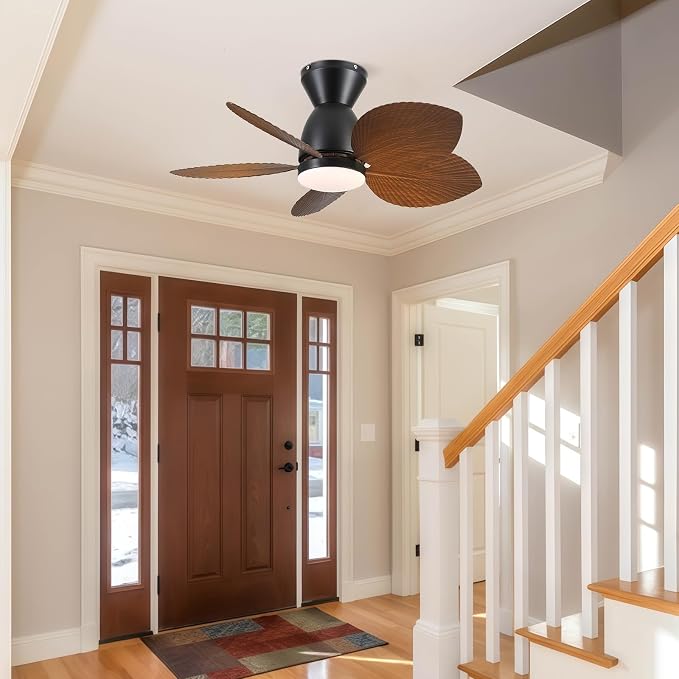 Kviflon Tropical Ceiling Fans with Lights and Remote Control, 30 Inch Low Profile Flush Mount Ceiling Fans, Palm Leaf Ceiling Fan with Light for Small Room Indoor Outdoor, Brown