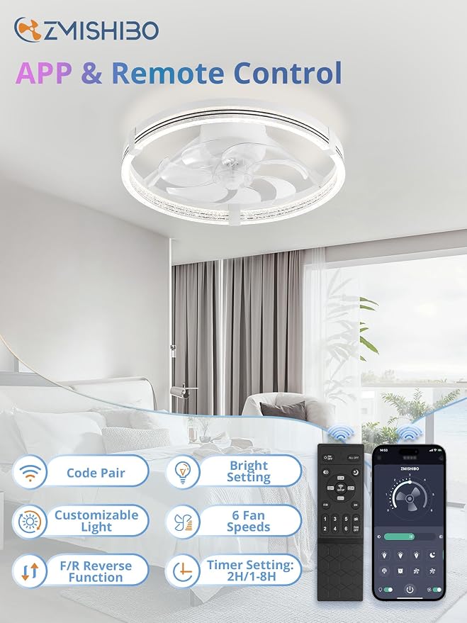 ZMISHIBO Low Profile Ceiling Fans with Lights, Flush Mount Modern Ceiling Fan and Remote Control, 20" LED Ceiling Fans, Stepless Dimmable 3 Colors and 6 Speeds (White RGB, 20")
