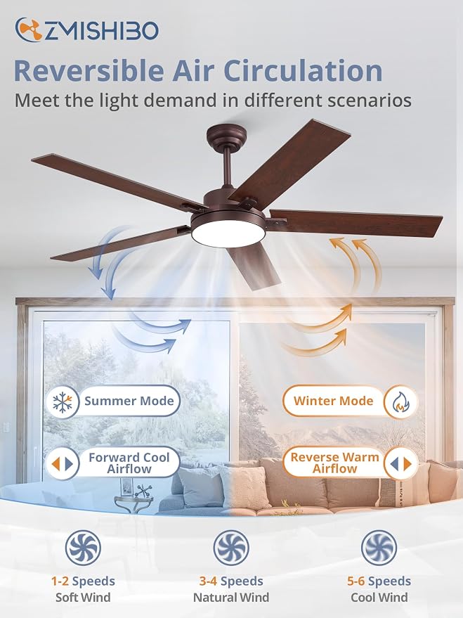 ZMISHIBO 60" Ceiling Fan with Light, 30W LED, Smart Remote/APP, Oil Bronze | Modern Ceiling Fans, 6 Speeds & 3CCT Dimmable, Quiet DC Motor, Noiseless for Living Room, Bedroom, Kitchen