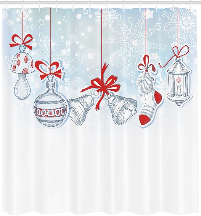 Ambesonne Christmas Shower Curtain, Retro Style Famous Socks for and Candy Bells and Snowflake Graphic, Cloth Fabric Bathroom Decor Set with Hooks, 69" W x 84" L, White and Orange